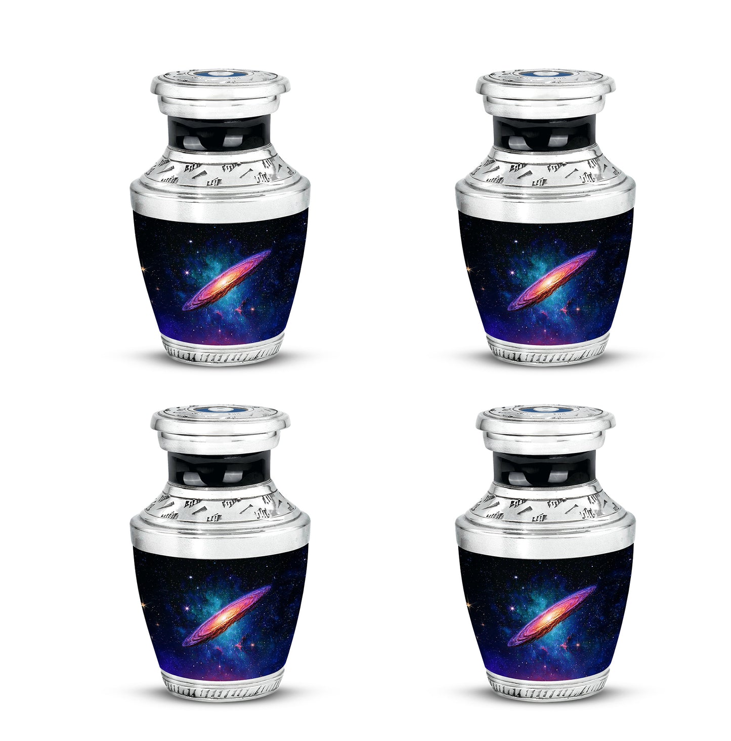 Ebony Galaxy Cremation Urn back view with polished surface - modern art-inspired galaxy motif on sleek aluminum - 10 inch aluminum urn for cremated remains