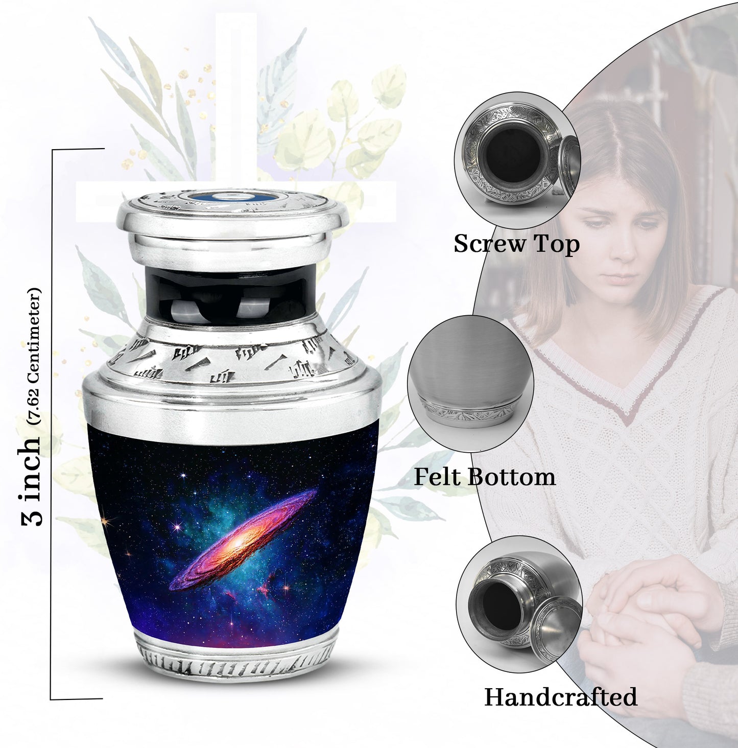 Obsidian Black Galaxy Cremation Urn top-down view of secure threaded lid - stylized abstract galaxy pattern with bold lines - mini keepsake memorial for portion of cremation ashes