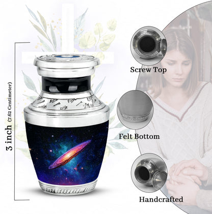 Obsidian Black Galaxy Cremation Urn top-down view of secure threaded lid - stylized abstract galaxy pattern with bold lines - mini keepsake memorial for portion of cremation ashes