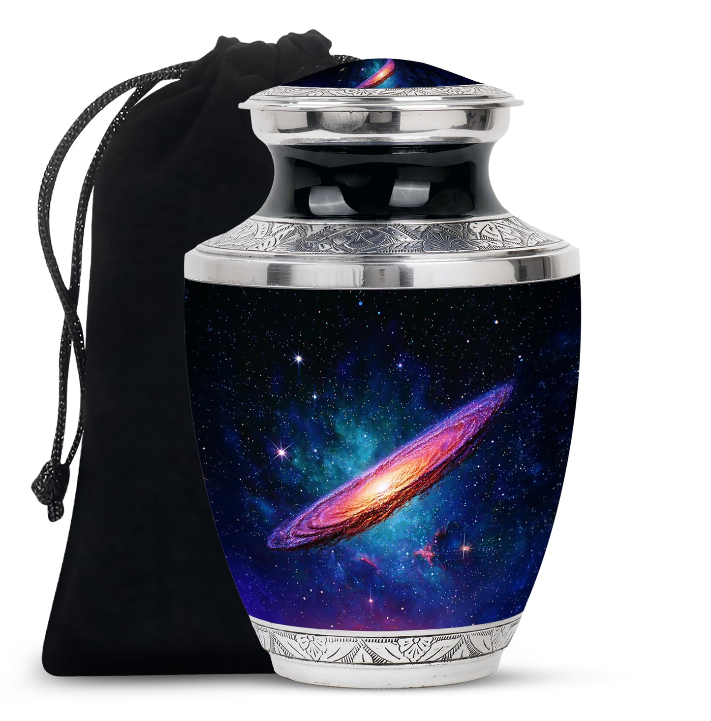 Rich Black Galaxy Cremation Urn side profile showing urn shape - modern art-inspired galaxy motif on sleek aluminum - full-size 10 inch 200 cubic inch adult cremation urn
