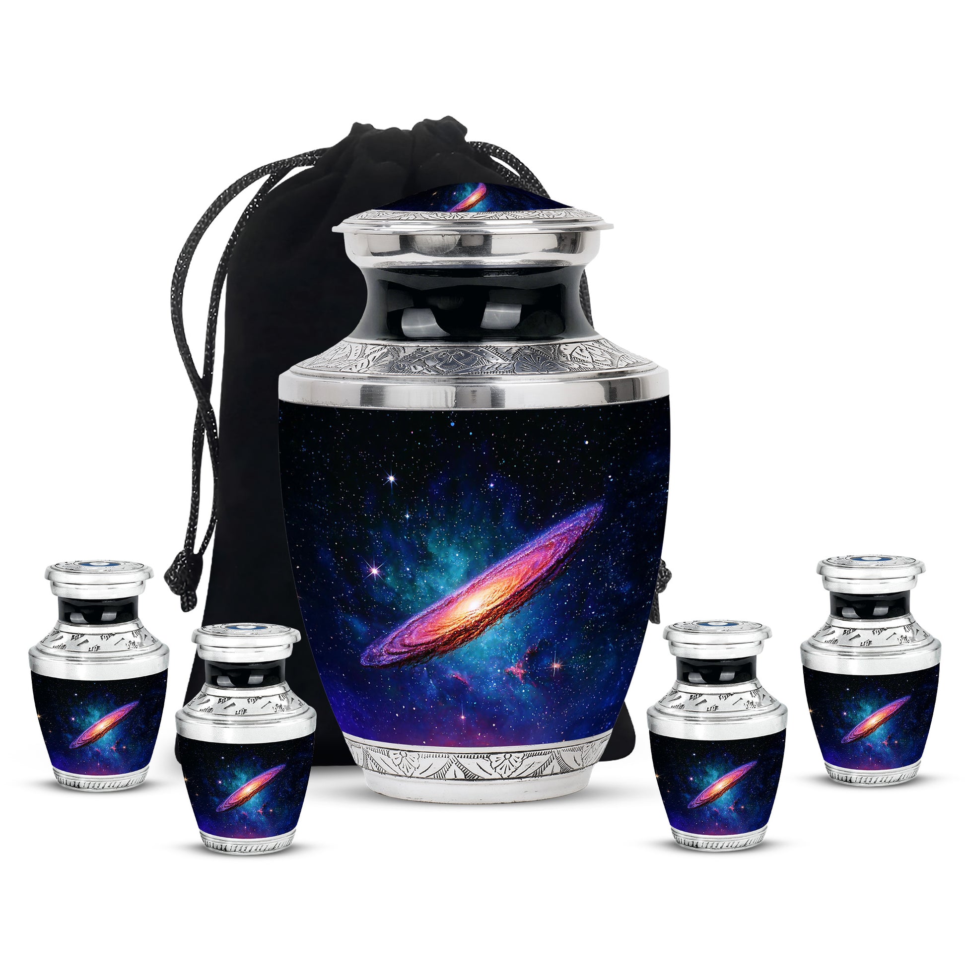 Jet Black Galaxy Cremation Urn lifestyle display on memorial shelf - contemporary galaxy design with modern artistic flair - memorial set with one large and four small urns