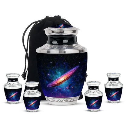 Jet Black Galaxy Cremation Urn lifestyle display on memorial shelf - contemporary galaxy design with modern artistic flair - memorial set with one large and four small urns