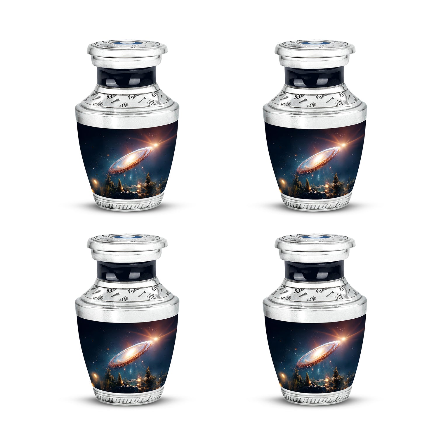 Sky Blue Galaxy Cremation Urn back view with polished surface - modern art-inspired galaxy motif on sleek aluminum - 10 inch aluminum urn for cremated remains