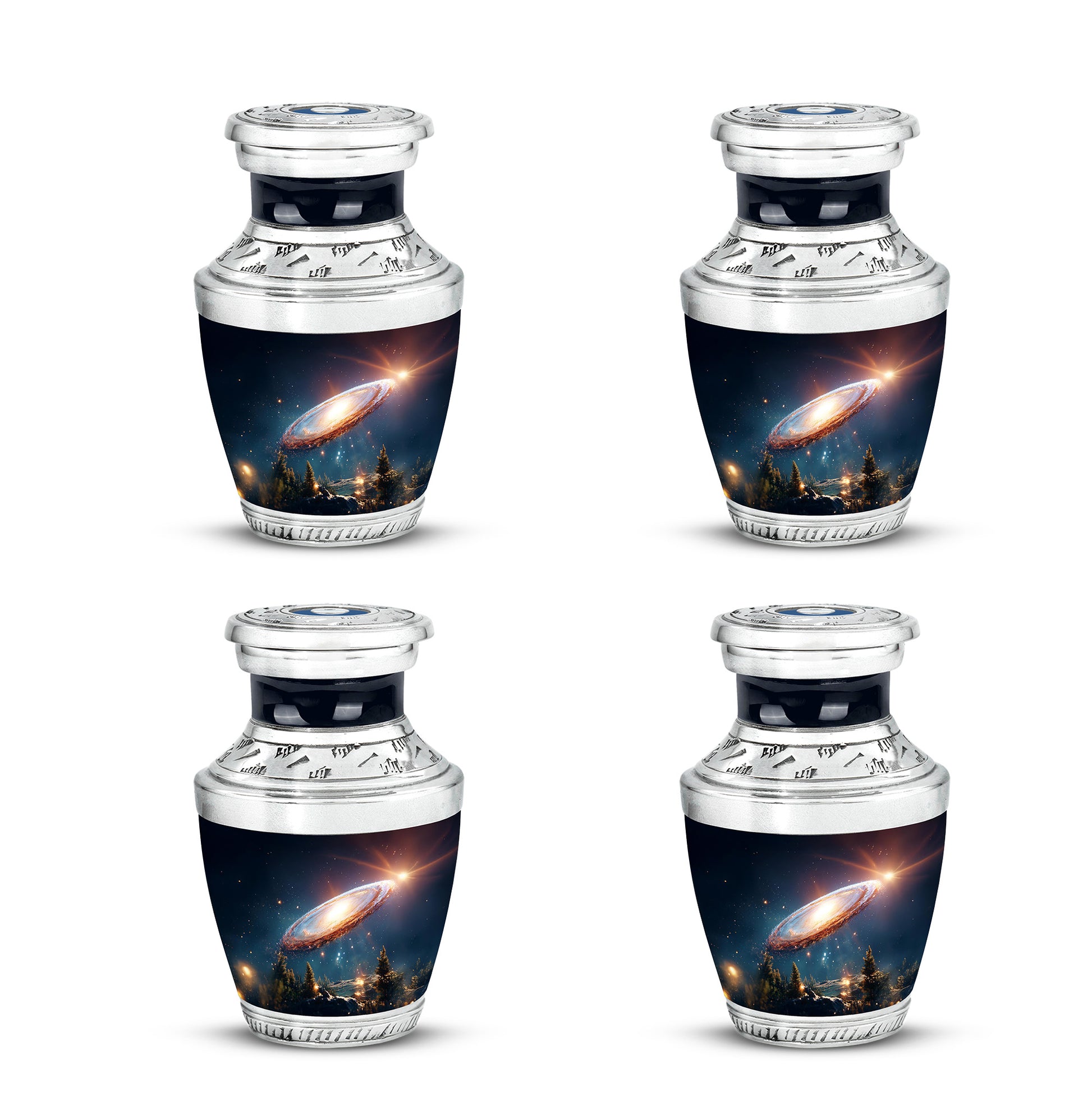Sky Blue Galaxy Cremation Urn back view with polished surface - modern art-inspired galaxy motif on sleek aluminum - 10 inch aluminum urn for cremated remains