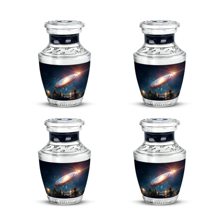 Sky Blue Galaxy Cremation Urn back view with polished surface - modern art-inspired galaxy motif on sleek aluminum - 10 inch aluminum urn for cremated remains