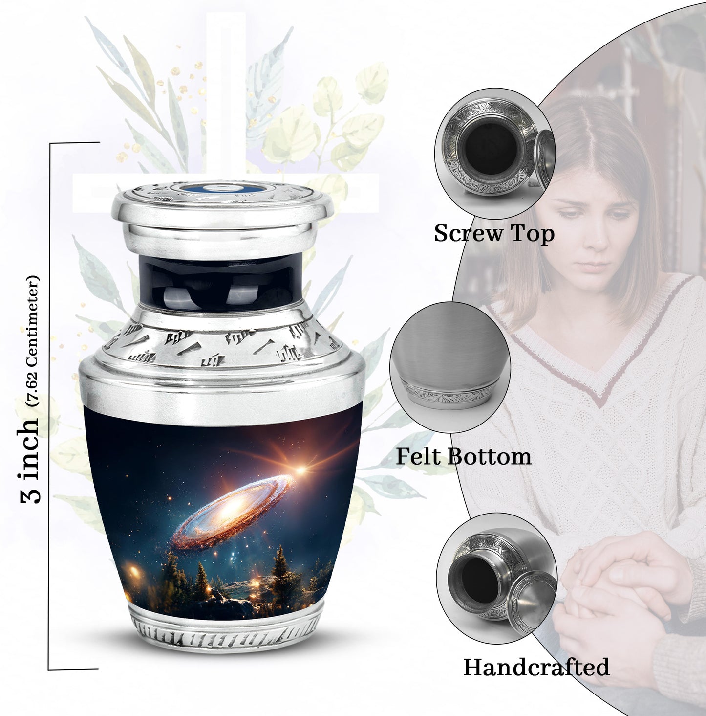 Indigo Galaxy Cremation Urn top-down view of secure threaded lid - contemporary galaxy design with modern artistic flair - mini keepsake memorial for portion of cremation ashes