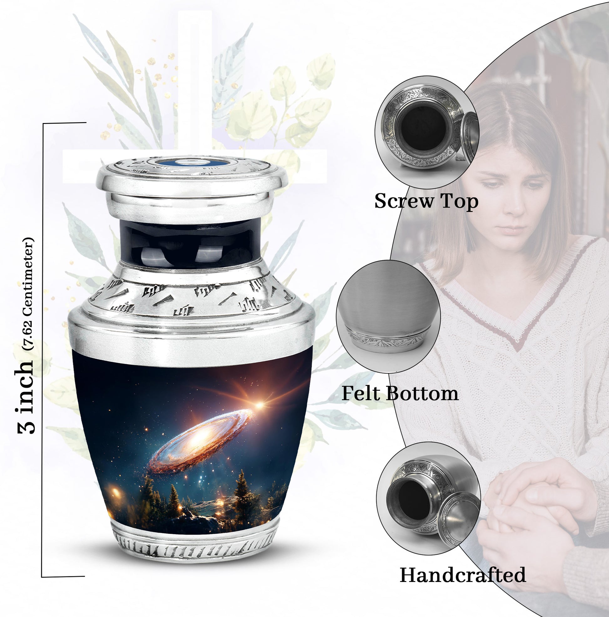 Indigo Galaxy Cremation Urn top-down view of secure threaded lid - contemporary galaxy design with modern artistic flair - mini keepsake memorial for portion of cremation ashes