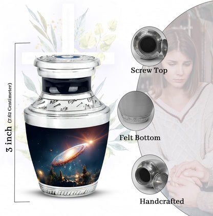 Indigo Galaxy Cremation Urn top-down view of secure threaded lid - contemporary galaxy design with modern artistic flair - mini keepsake memorial for portion of cremation ashes