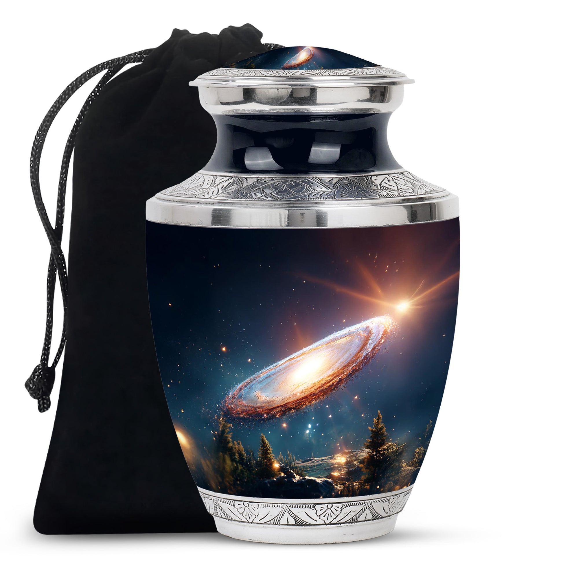 Cornflower Blue Galaxy Cremation Urn side profile showing urn shape - stylized abstract galaxy pattern with bold lines - full-size 10 inch 200 cubic inch adult cremation urn