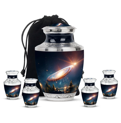 Slate Blue Galaxy Cremation Urn lifestyle display on memorial shelf - modern art-inspired galaxy motif on sleek aluminum - memorial set with one large and four small urns
