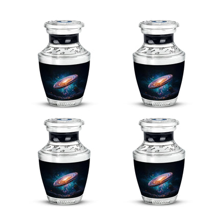 Ebony Galaxy Cremation Urn back view with polished surface - modern art-inspired galaxy motif on sleek aluminum - 10 inch aluminum urn for cremated remains