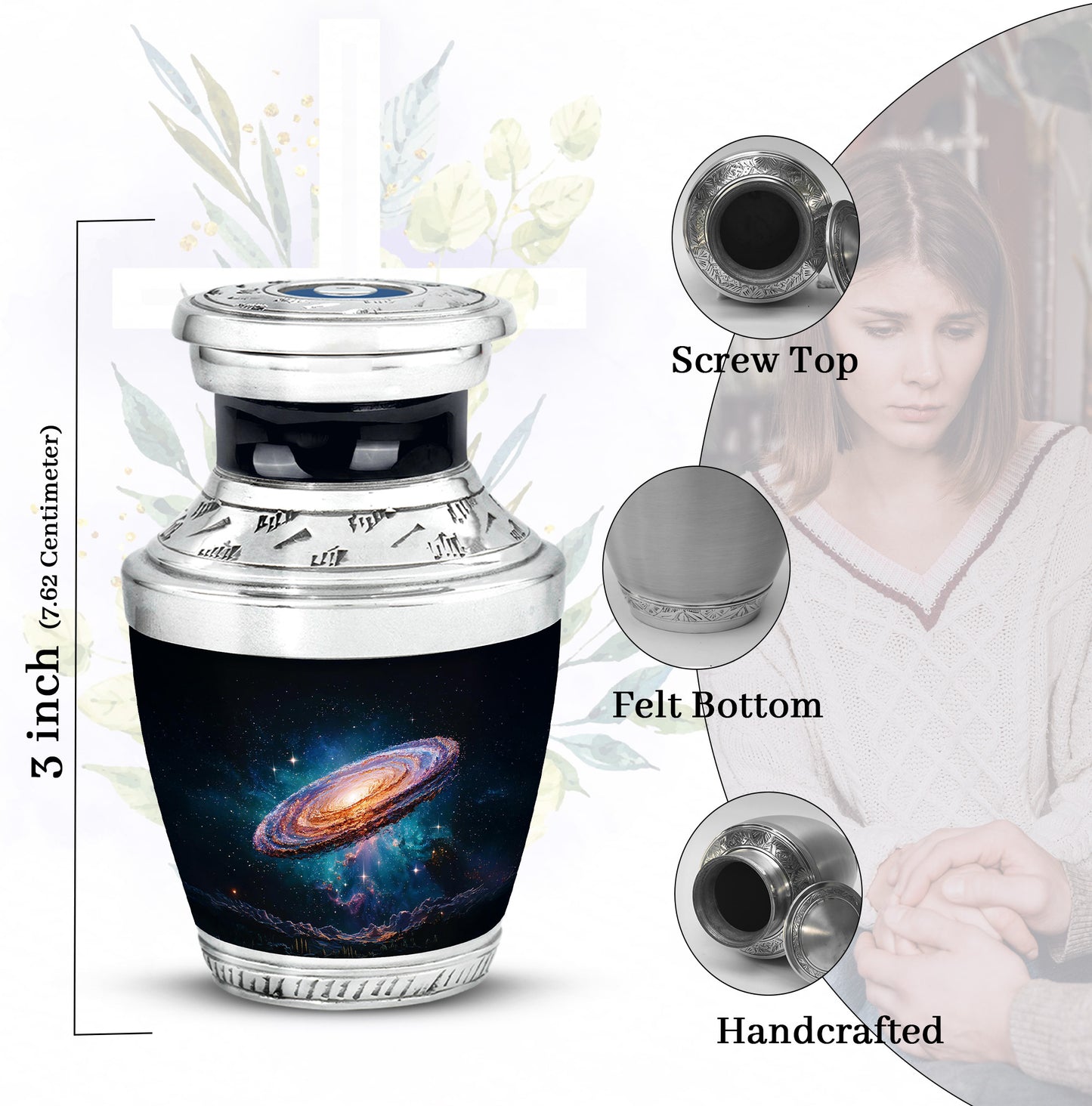 Obsidian Black Galaxy Cremation Urn top-down view of secure threaded lid - artistic galaxy interpretation with creative detail - mini keepsake memorial for portion of cremation ashes