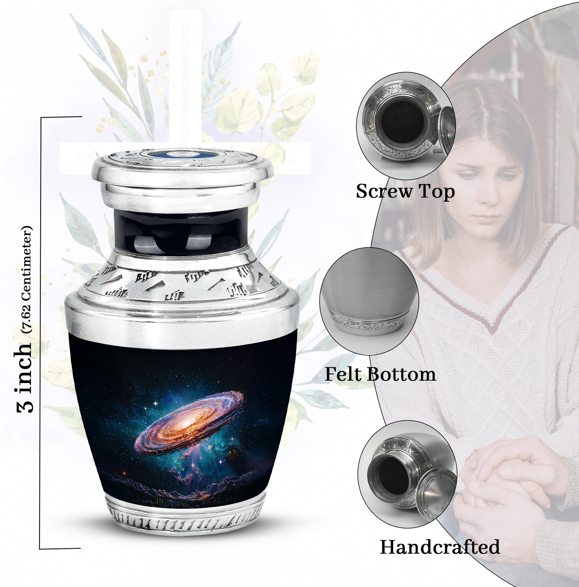 Obsidian Black Galaxy Cremation Urn top-down view of secure threaded lid - artistic galaxy interpretation with creative detail - mini keepsake memorial for portion of cremation ashes