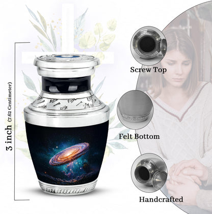 Obsidian Black Galaxy Cremation Urn top-down view of secure threaded lid - artistic galaxy interpretation with creative detail - mini keepsake memorial for portion of cremation ashes