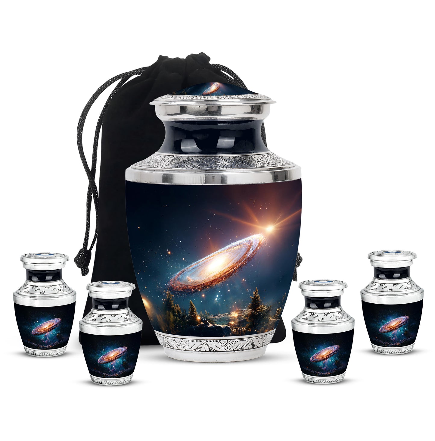 Jet Black Galaxy Cremation Urn lifestyle display on memorial shelf - contemporary galaxy design with modern artistic flair - memorial set with one large and four small urns