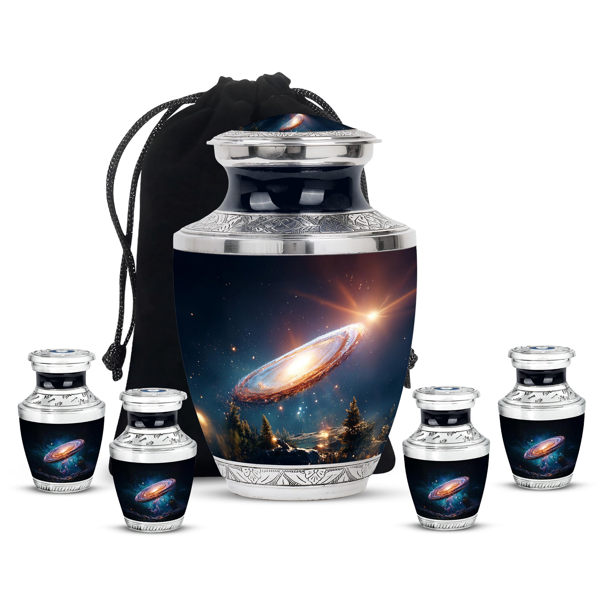 Jet Black Galaxy Cremation Urn lifestyle display on memorial shelf - contemporary galaxy design with modern artistic flair - memorial set with one large and four small urns