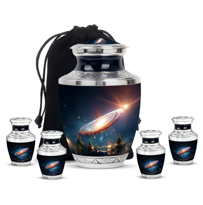 Jet Black Galaxy Cremation Urn lifestyle display on memorial shelf - contemporary galaxy design with modern artistic flair - memorial set with one large and four small urns
