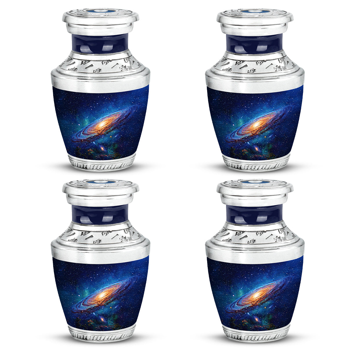 Powder Blue Galaxy Cremation Urn back view with polished surface - modern art-inspired galaxy motif on sleek aluminum - 10 inch aluminum urn for cremated remains
