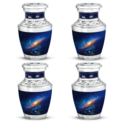 Powder Blue Galaxy Cremation Urn back view with polished surface - modern art-inspired galaxy motif on sleek aluminum - 10 inch aluminum urn for cremated remains