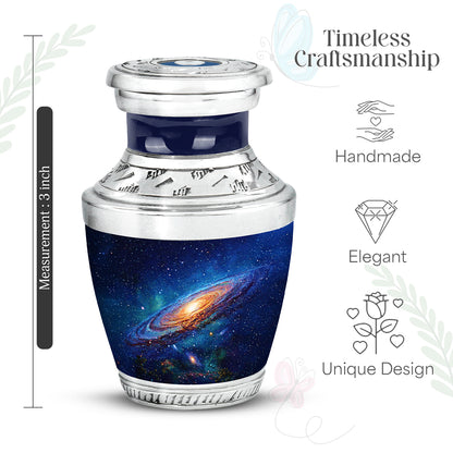 Sky Blue Galaxy Cremation Urn top-down view of secure threaded lid - modern art-inspired galaxy motif on sleek aluminum - mini keepsake memorial for portion of cremation ashes