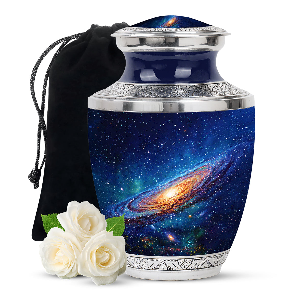 Soft Blue Galaxy Cremation Urn side profile showing urn shape - stylized abstract galaxy pattern with bold lines - full-size 10 inch 200 cubic inch adult cremation urn