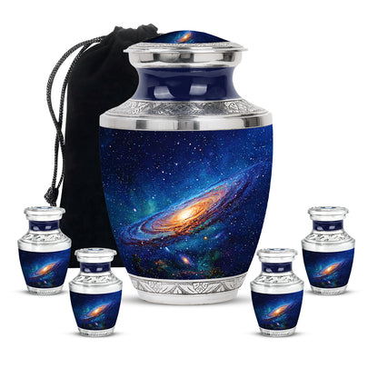 Cornflower Blue Galaxy Cremation Urn lifestyle display on memorial shelf - stylized abstract galaxy pattern with bold lines - memorial set with one large and four small urns