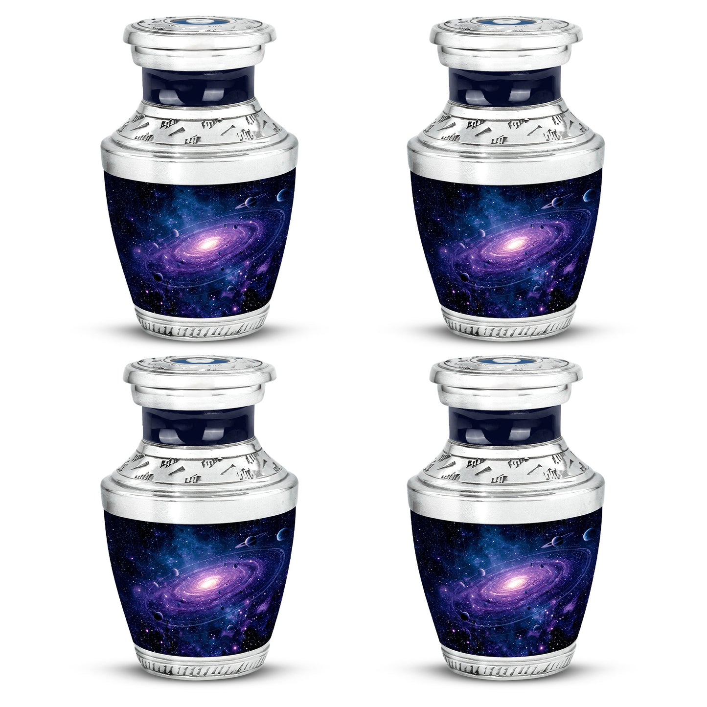 Navy Blue Galaxy Cremation Urn back view with polished surface - modern art-inspired galaxy motif on sleek aluminum - 10 inch aluminum urn for cremated remains