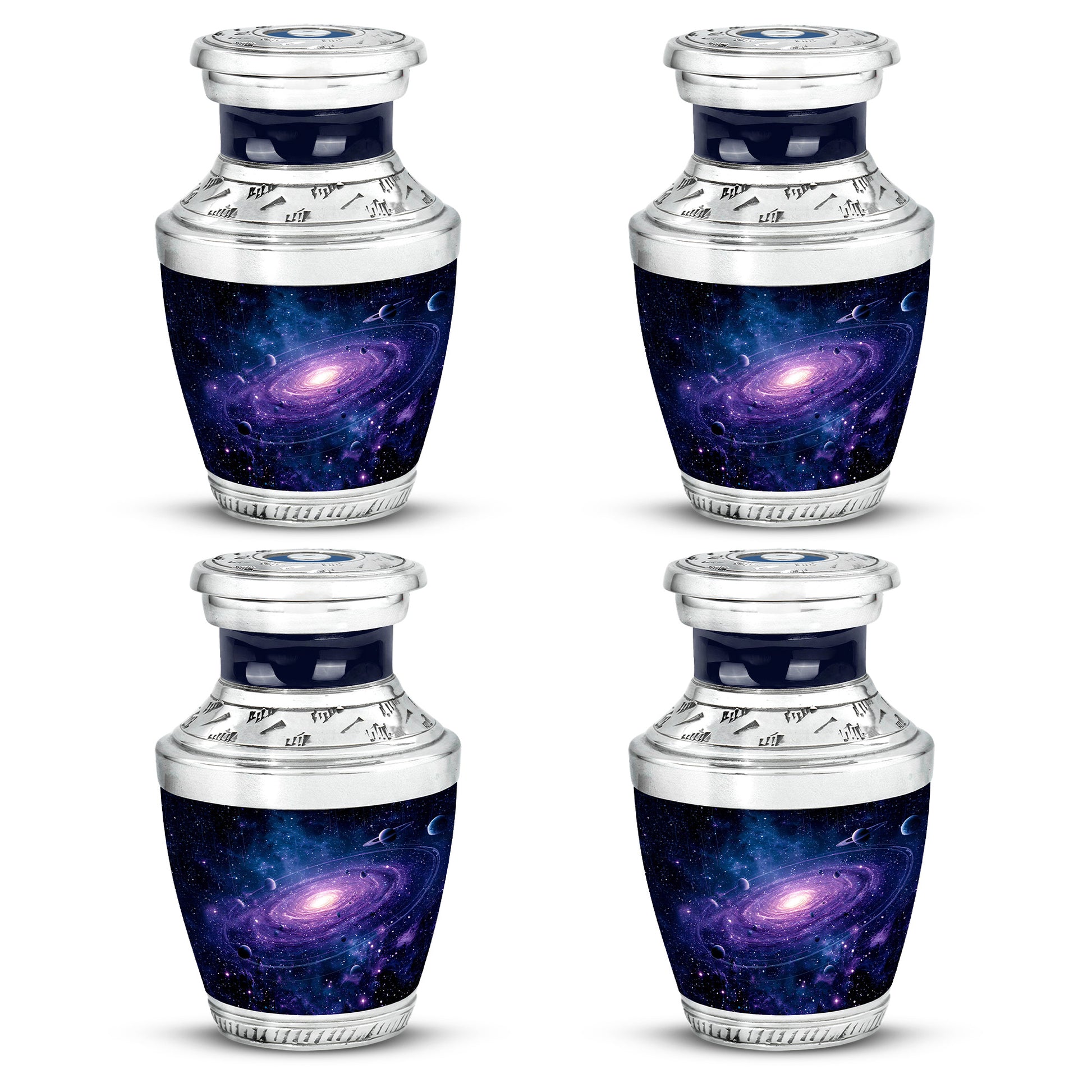 Navy Blue Galaxy Cremation Urn back view with polished surface - modern art-inspired galaxy motif on sleek aluminum - 10 inch aluminum urn for cremated remains