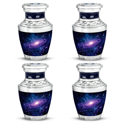 Navy Blue Galaxy Cremation Urn back view with polished surface - modern art-inspired galaxy motif on sleek aluminum - 10 inch aluminum urn for cremated remains