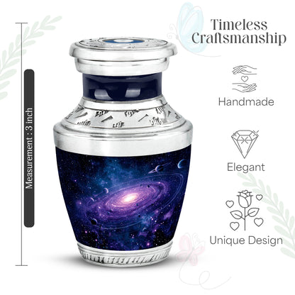 Soft Blue Galaxy Cremation Urn top-down view of secure threaded lid - artistic galaxy interpretation with creative detail - mini keepsake memorial for portion of cremation ashes