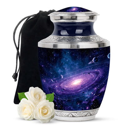 Cobalt Blue Galaxy Cremation Urn side profile showing urn shape - stylized abstract galaxy pattern with bold lines - full-size 10 inch 200 cubic inch adult cremation urn