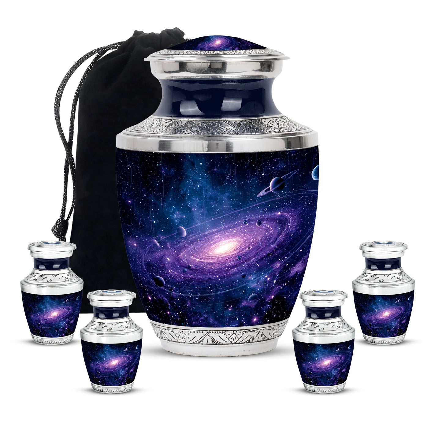 Cornflower Blue Galaxy Cremation Urn lifestyle display on memorial shelf - stylized abstract galaxy pattern with bold lines - memorial set with one large and four small urns