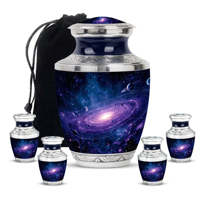 Cornflower Blue Galaxy Cremation Urn lifestyle display on memorial shelf - stylized abstract galaxy pattern with bold lines - memorial set with one large and four small urns