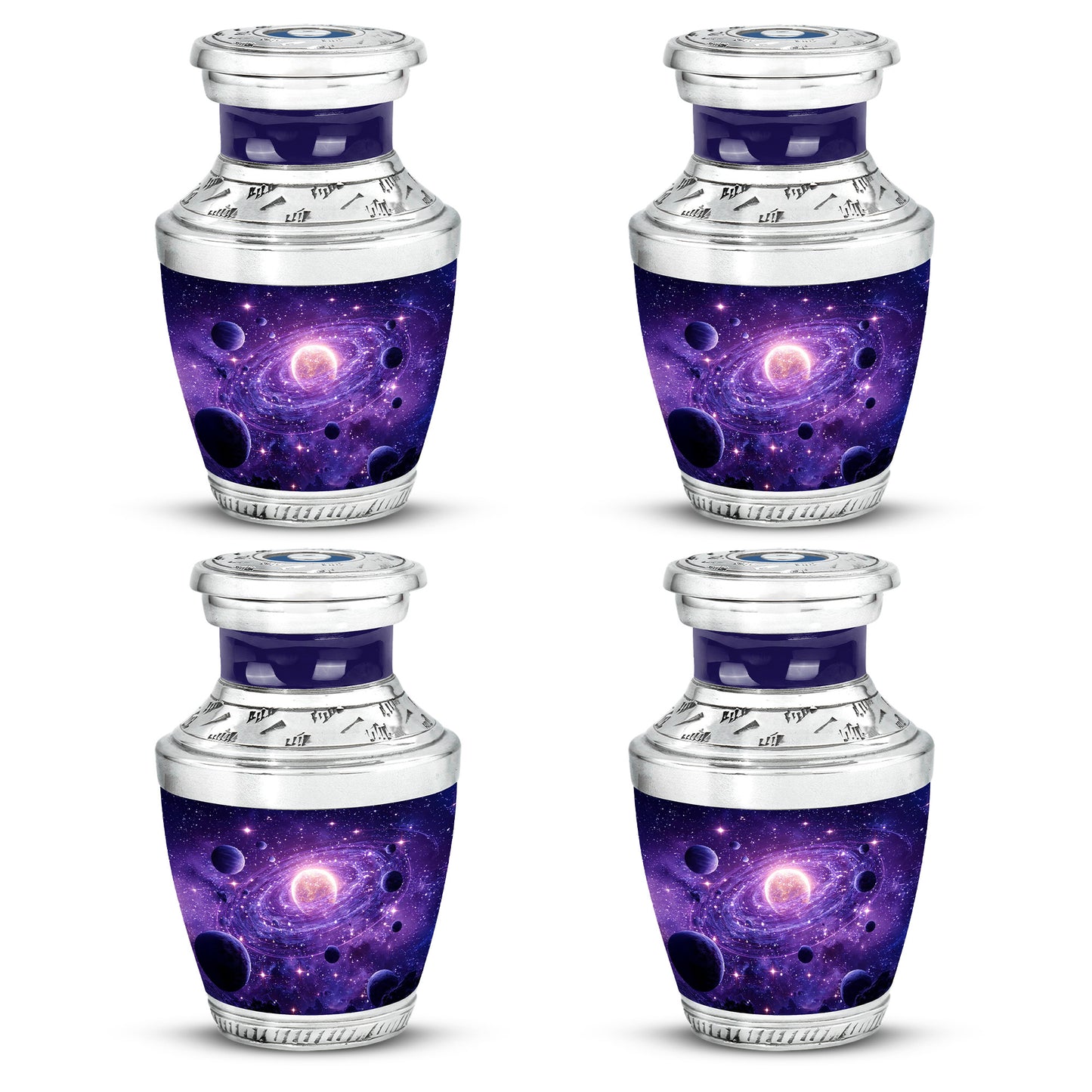 Violet Purple Galaxy Cremation Urn back view with polished surface - stylized abstract galaxy pattern with bold lines - 10 inch aluminum urn for cremated remains