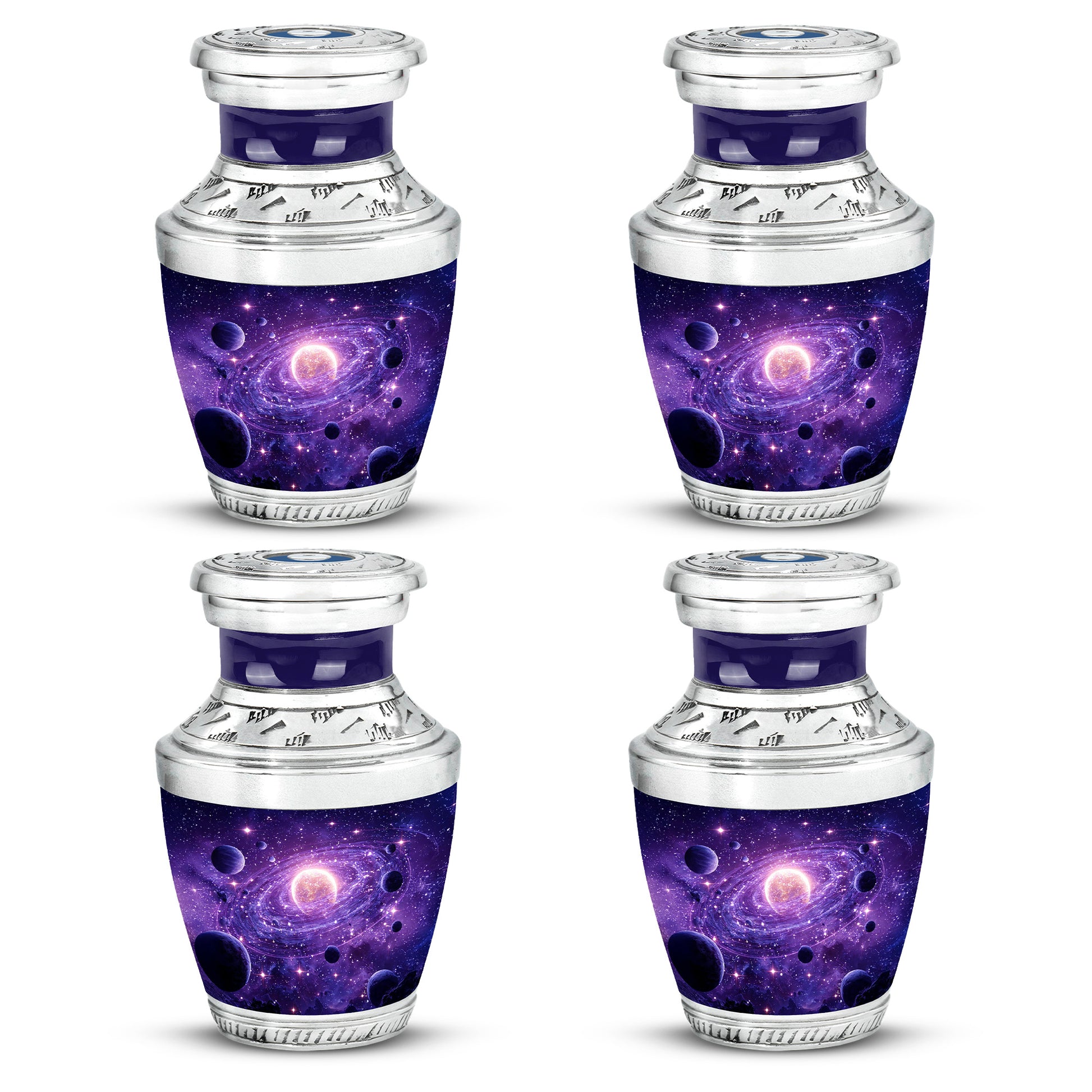 Violet Purple Galaxy Cremation Urn back view with polished surface - stylized abstract galaxy pattern with bold lines - 10 inch aluminum urn for cremated remains