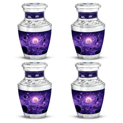 Violet Purple Galaxy Cremation Urn back view with polished surface - stylized abstract galaxy pattern with bold lines - 10 inch aluminum urn for cremated remains