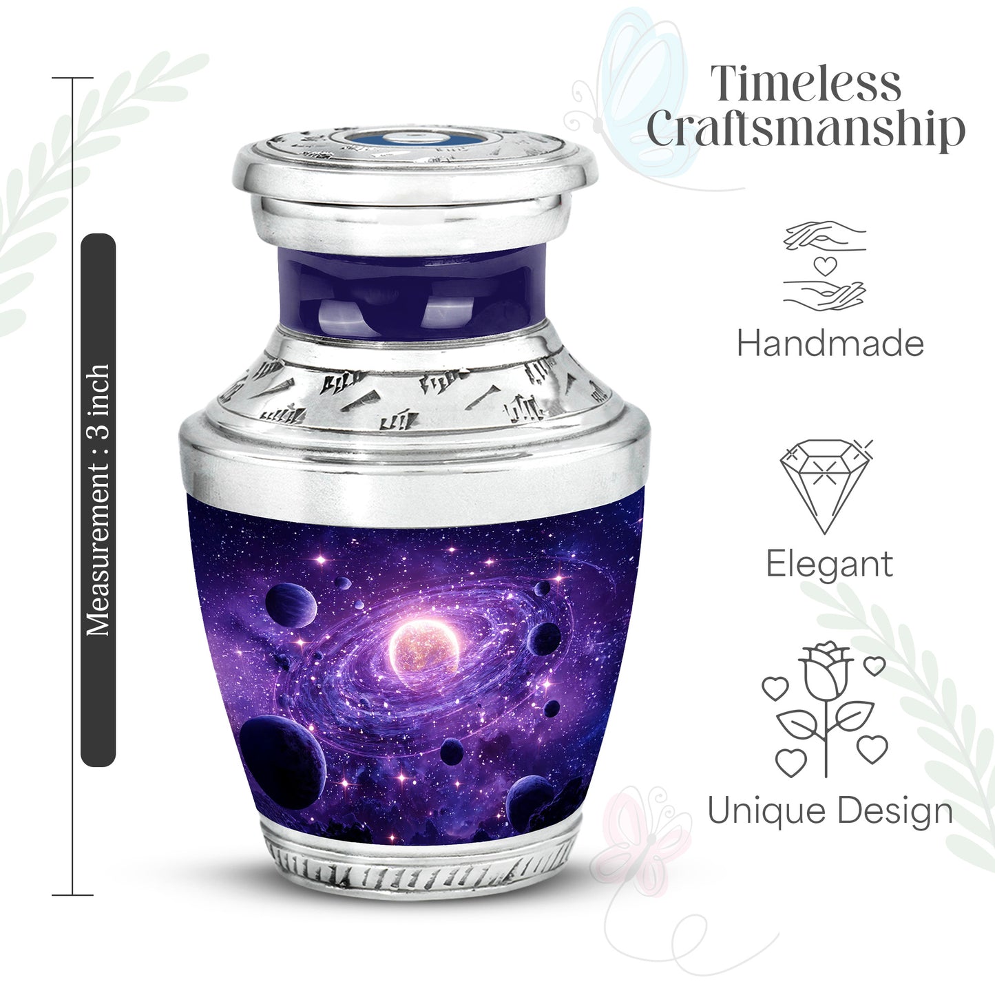 Plum Purple Galaxy Cremation Urn top-down view of secure threaded lid - modern art-inspired galaxy motif on sleek aluminum - mini keepsake memorial for portion of cremation ashes