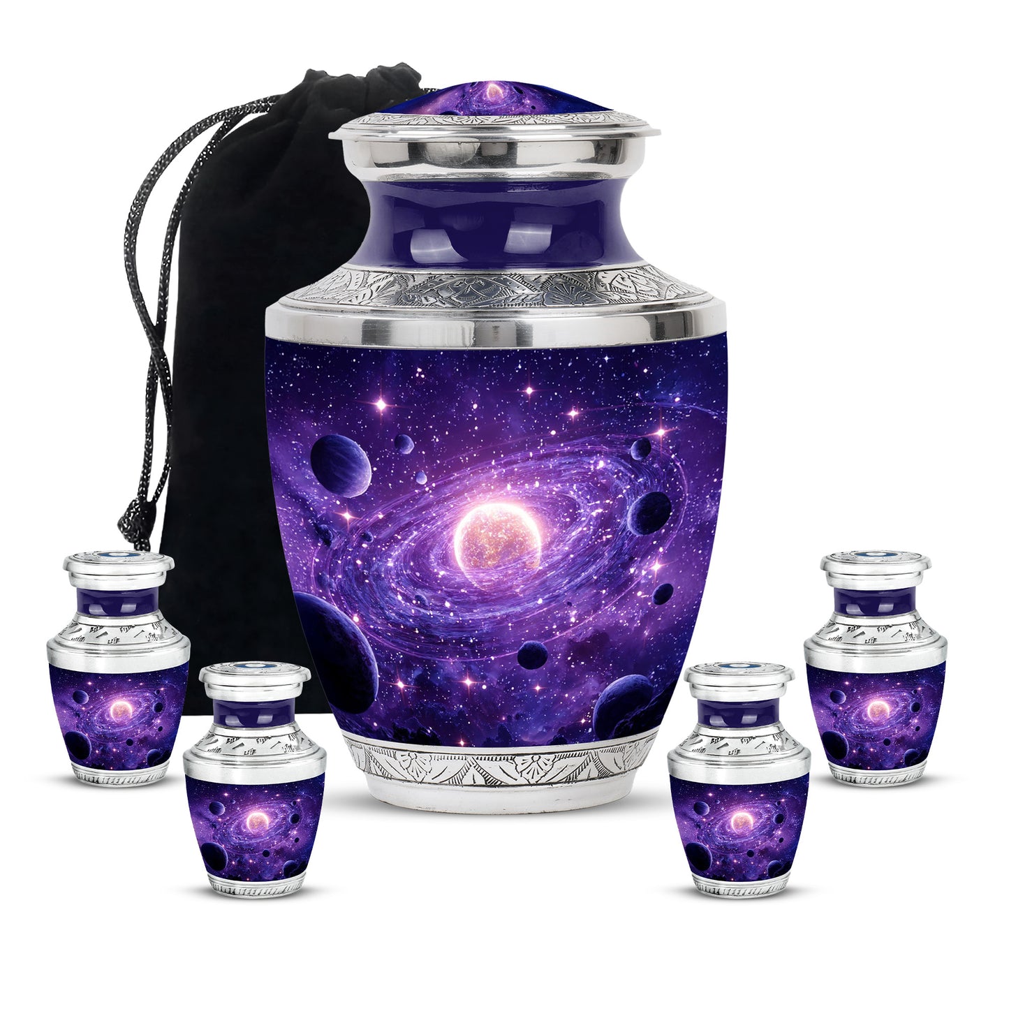 Majestic Purple Galaxy Cremation Urn lifestyle display on memorial shelf - contemporary galaxy design with modern artistic flair - memorial set with one large and four small urns