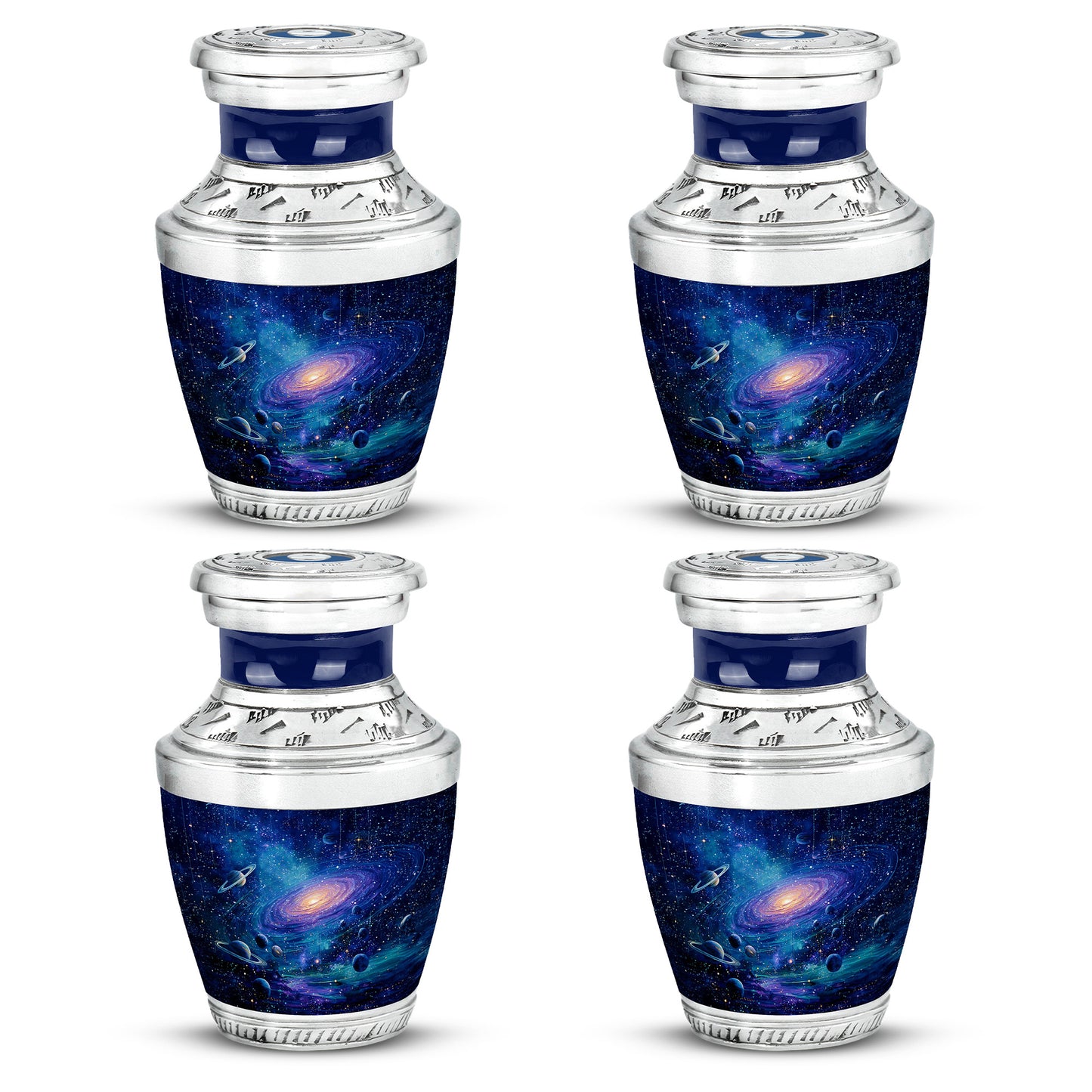 Cobalt Blue Galaxy Cremation Urn back view with polished surface - stylized abstract galaxy pattern with bold lines - 10 inch aluminum urn for cremated remains