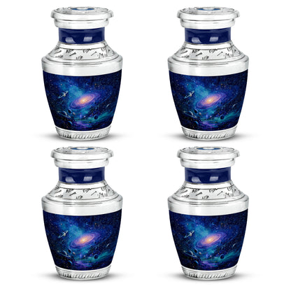 Cobalt Blue Galaxy Cremation Urn back view with polished surface - stylized abstract galaxy pattern with bold lines - 10 inch aluminum urn for cremated remains