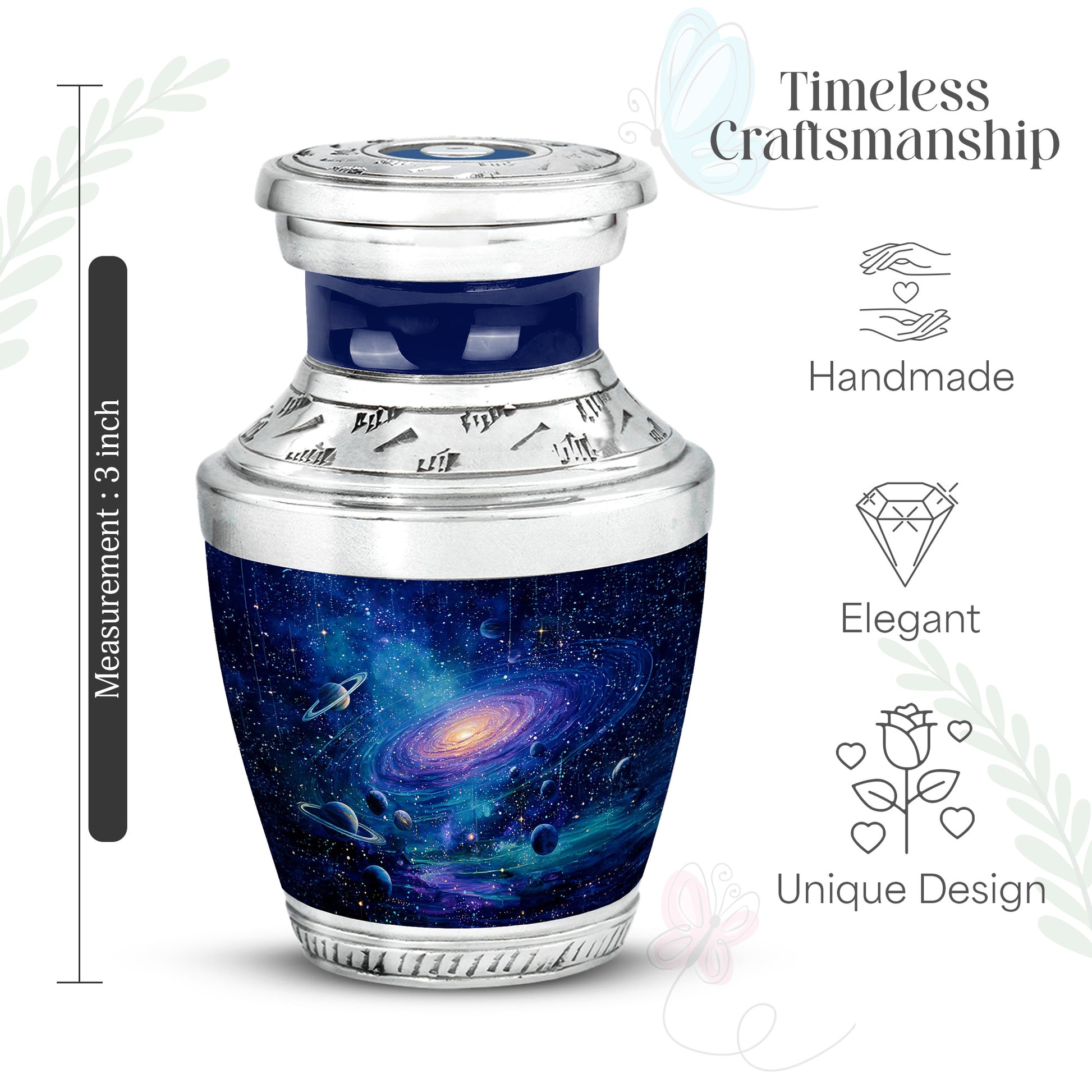 Soft Blue Galaxy Cremation Urn top-down view of secure threaded lid - stylized abstract galaxy pattern with bold lines - mini keepsake memorial for portion of cremation ashes