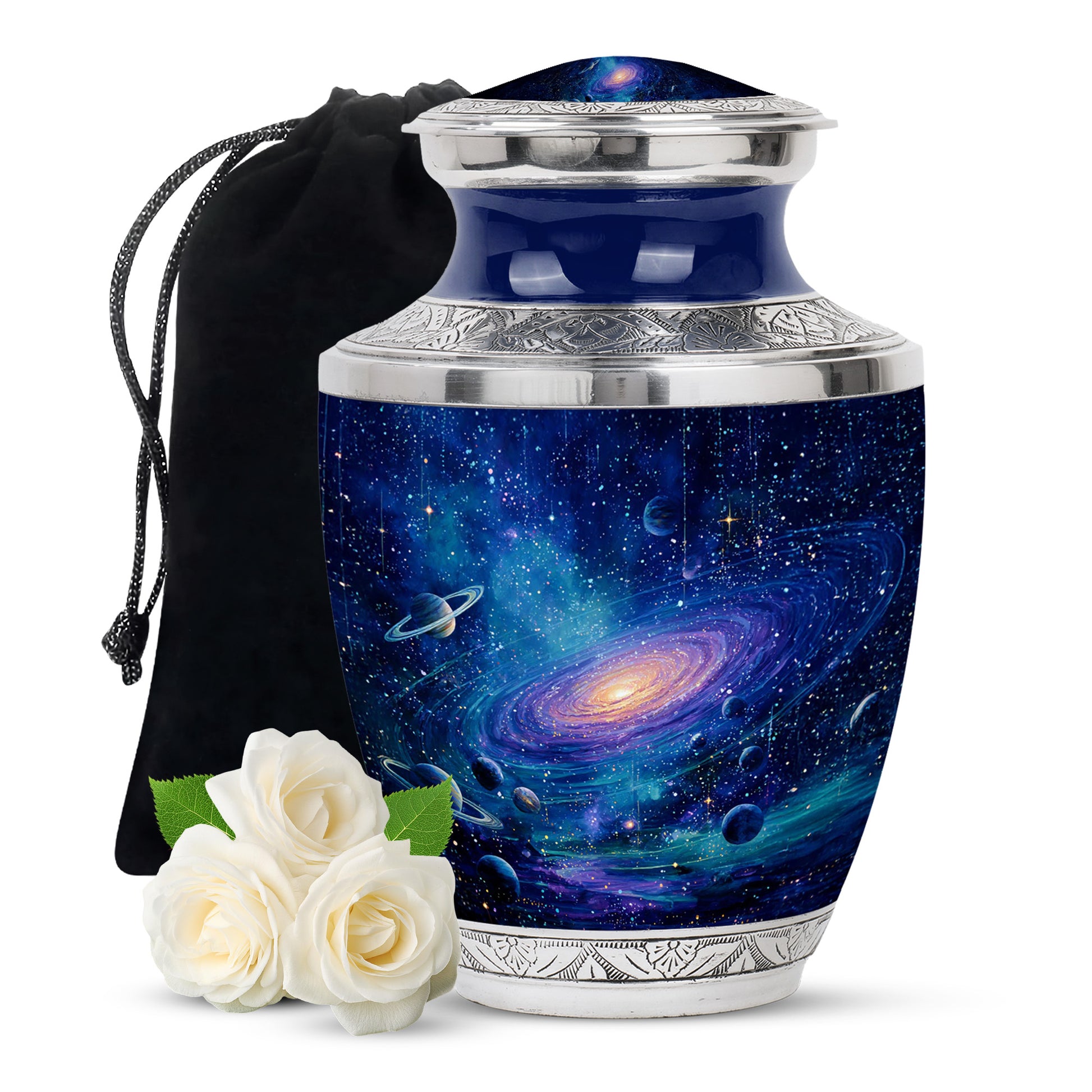 Cobalt Blue Galaxy Cremation Urn side profile showing urn shape - stylized abstract galaxy pattern with bold lines - full-size 10 inch 200 cubic inch adult cremation urn