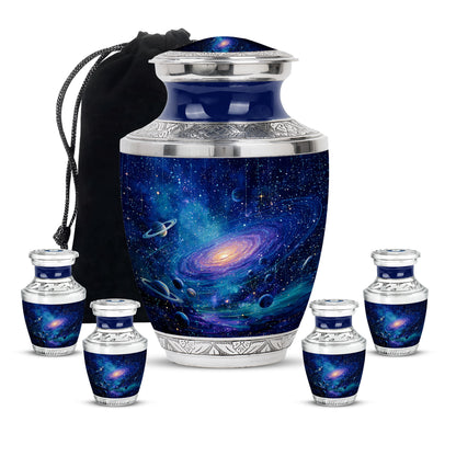 Royal Blue Galaxy Cremation Urn lifestyle display on memorial shelf - stylized abstract galaxy pattern with bold lines - memorial set with one large and four small urns