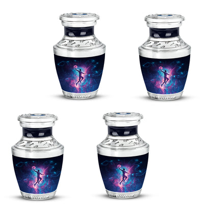 Rich Black Basketball Cremation Urn back view with polished surface - modern art-inspired basketball motif on sleek aluminum - 10 inch aluminum urn for cremated remains