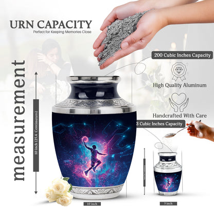 Glossy Black Basketball Cremation Urn top-down view of secure threaded lid - contemporary basketball design with modern artistic flair - mini keepsake memorial for portion of cremation ashes