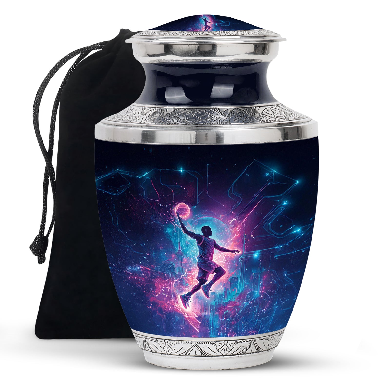 Onyx Black Basketball Cremation Urn side profile showing urn shape - artistic basketball interpretation with creative detail - full-size 10 inch 200 cubic inch adult cremation urn