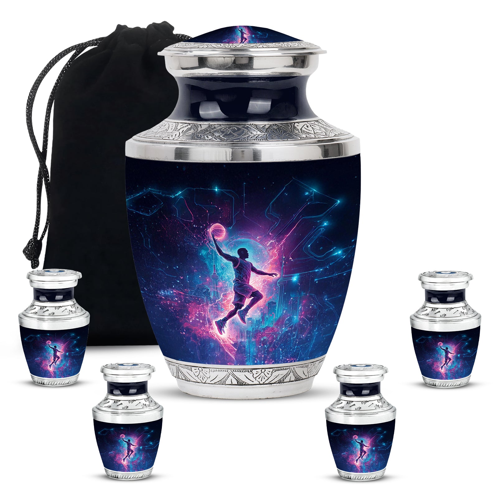 Ebony Basketball Cremation Urn lifestyle display on memorial shelf - contemporary basketball design with modern artistic flair - memorial set with one large and four small urns