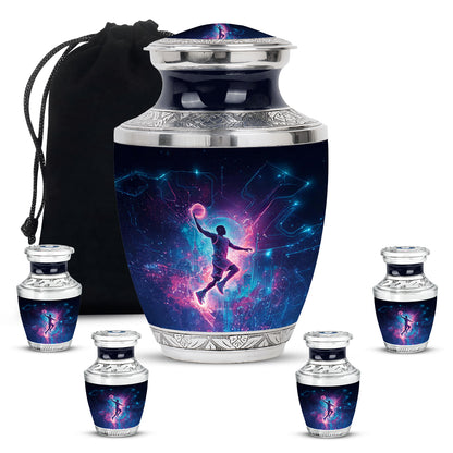 Ebony Basketball Cremation Urn lifestyle display on memorial shelf - contemporary basketball design with modern artistic flair - memorial set with one large and four small urns