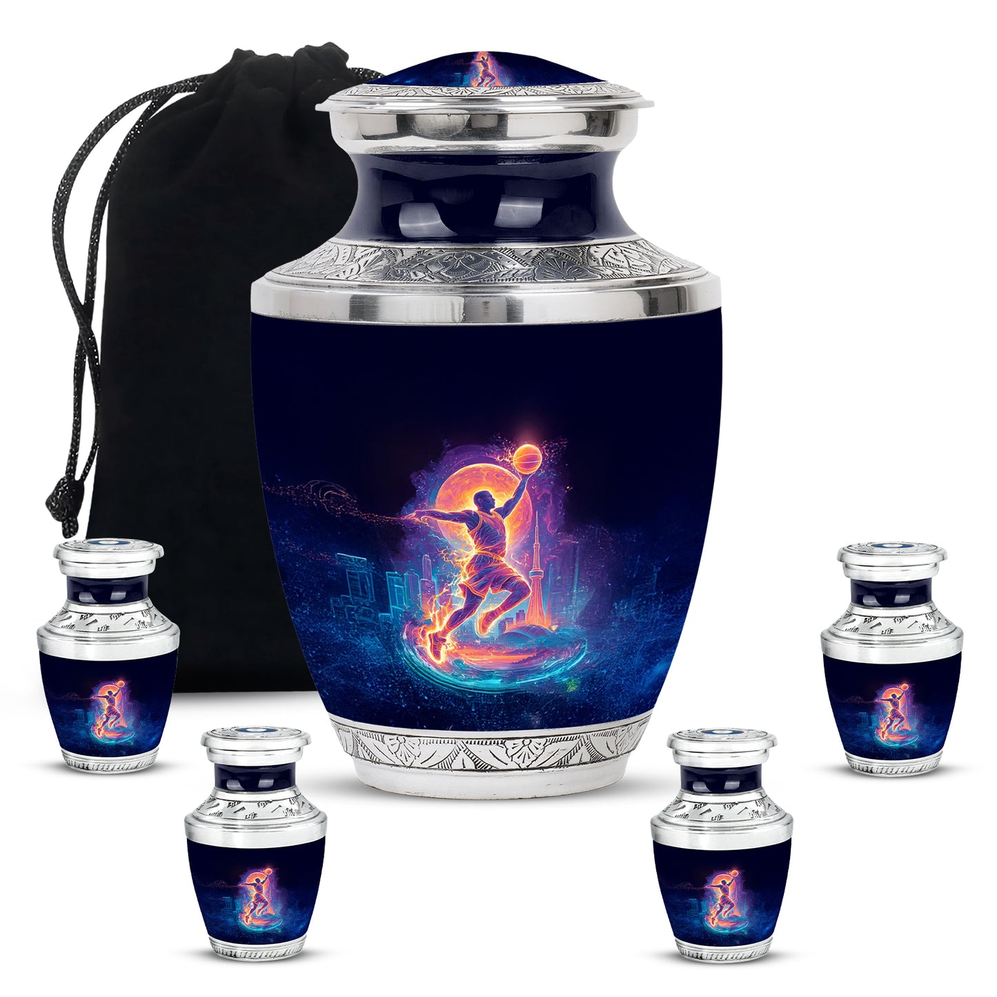 Midnight Black Basketball Cremation Urn lifestyle display on memorial shelf - stylized abstract basketball pattern with bold lines - memorial set with one large and four small urns