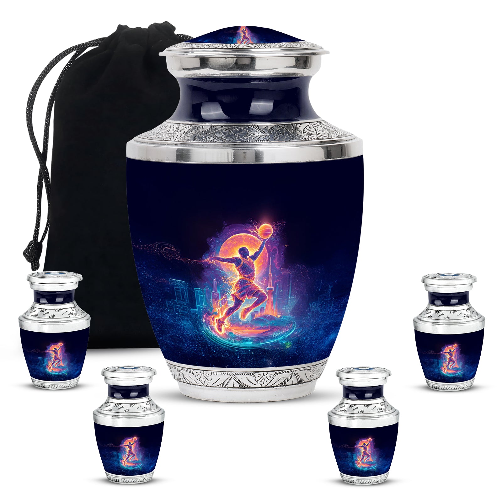 Midnight Black Basketball Cremation Urn lifestyle display on memorial shelf - stylized abstract basketball pattern with bold lines - memorial set with one large and four small urns